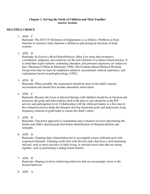 Test Bank For Meeting The Physical Therapy Needs Of Children 3rd Edition Susan K. Effgen 7 Answer rationales for pediatric therapy test questions explaining correct and incorrect clinical approaches in child rehabilitation