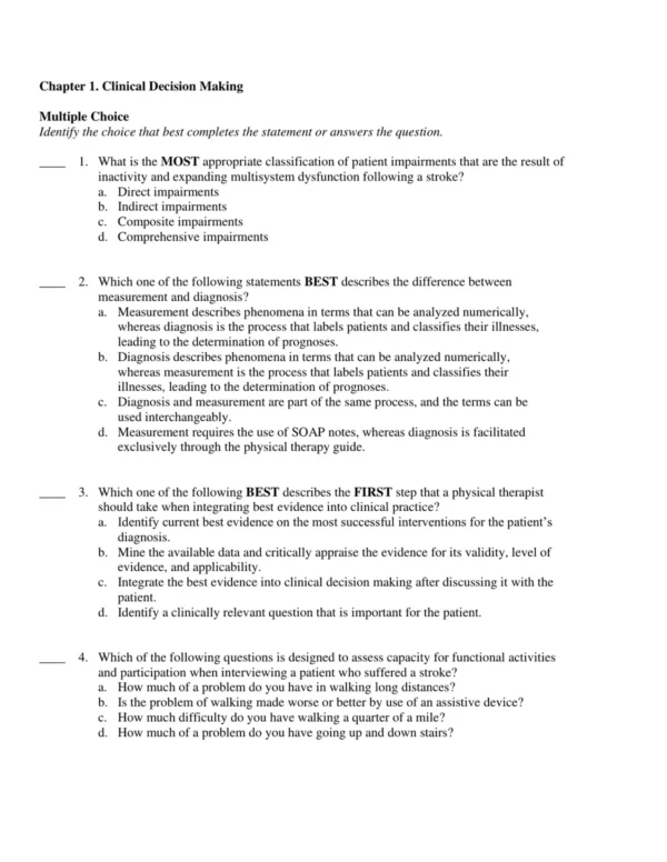 Test Bank For Physical Rehabilitation 7th Edition Susan B. O'sullivan 1 Rehabilitation multiple choice practice questions covering therapeutic exercise principles and patient mobility concepts