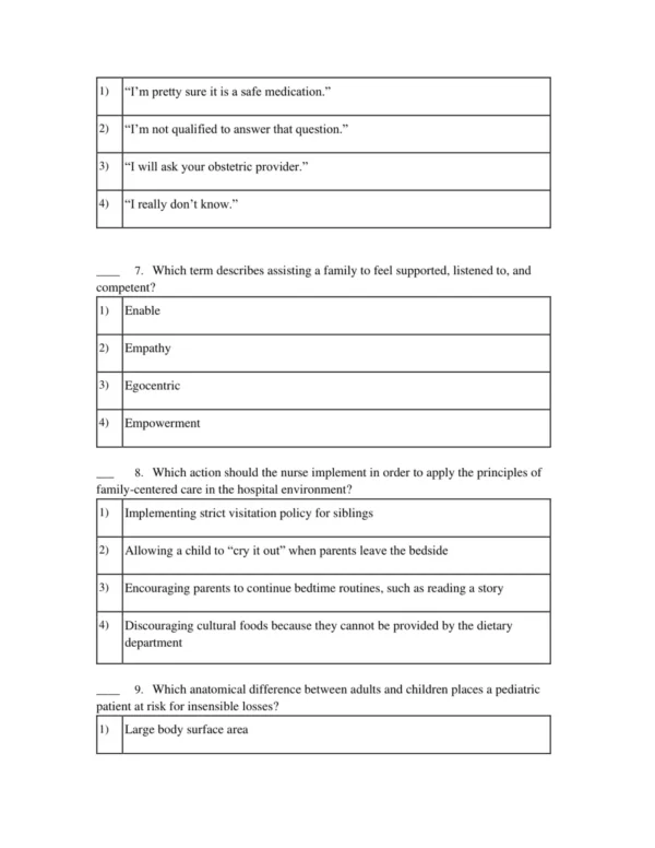 Comprehensive nursing answer rationales explaining correct and incorrect responses for pediatric and maternal care questions