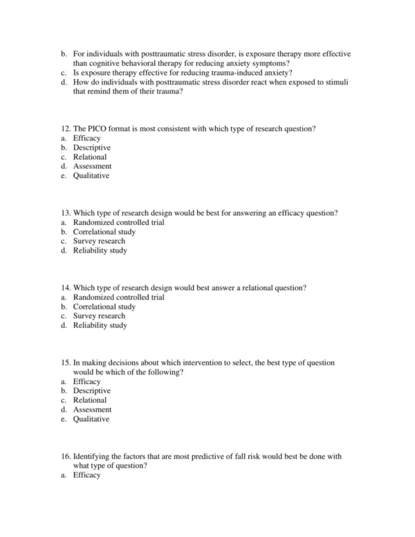 Chapter-organized nursing research questions covering evidence application, client outcomes, and professional practice development