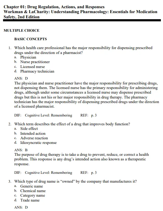 Understanding Pharmacology Essentials 1 Test Bank For Understanding Pharmacology Essentials for Medication Safety 2nd Edition Workman