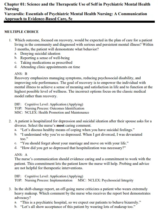 NCLEX-style psychiatric nursing practice questions with multiple choice and therapeutic communication scenarios