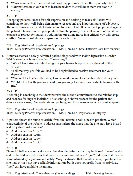 Detailed answer rationales explaining correct responses and mental health nursing reasoning for exam review