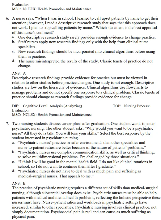 Chapter-based psychiatric nursing exam questions organized for focused mental health concept review