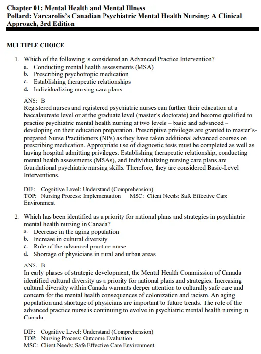 Test Bank For Varcarolis's Canadian Psychiatric Mental Health Nursing 3rd Edition Pollard