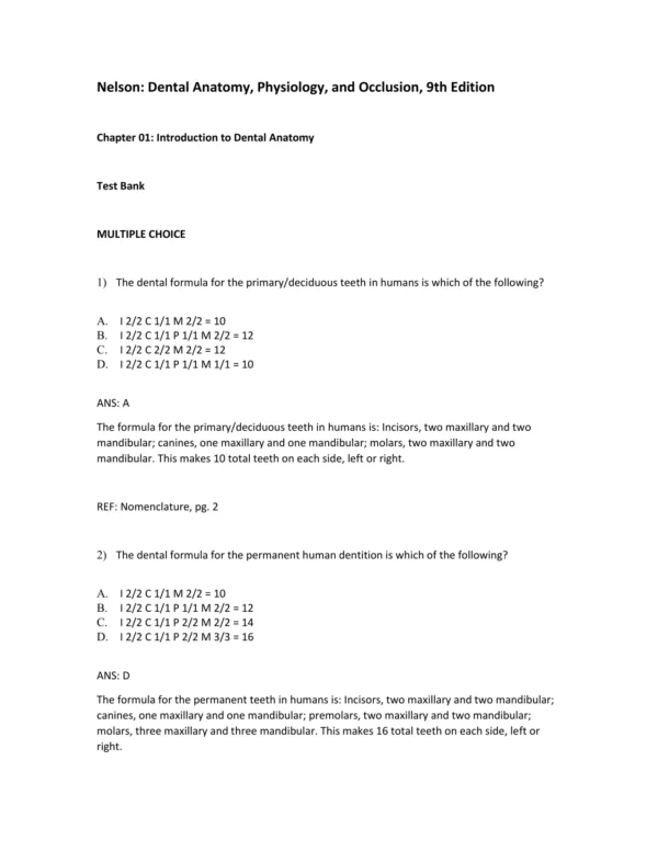 Wheeler's Dental Anatomy, Physiology and Occlusion 9th Edition Stanley Nelson Test Bank_Page1.webp-001 Multiple choice dental anatomy exam questions on tooth morphology and occlusal relationships