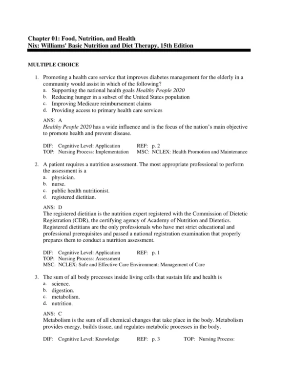 Detailed answer rationales for nutrition exam questions with explanations