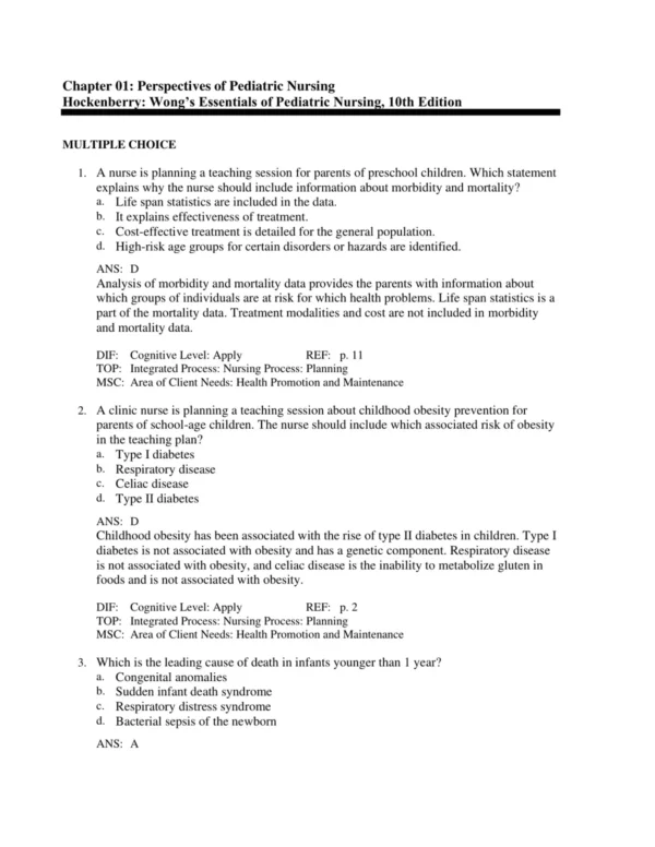 Wong_s_Essentials_of_Pediatric_Nursing_10th_Edition_by_Marilyn_J_p001 Detailed answer rationales explaining correct responses for pediatric nursing exam questions