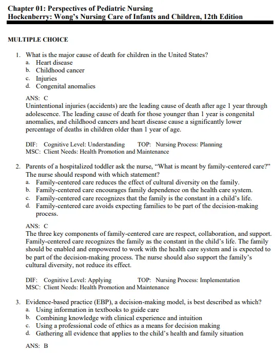 Wong's Nursing Care of Infants and Children, 12th Edition by Marilyn J. Hockenberry Test Bank 1 Pediatric nursing NCLEX-style multiple choice practice questions covering infant and child health topics