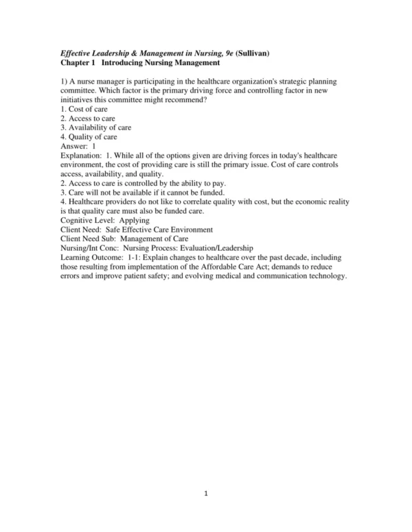 Test Bank For Effective Leadership And Management In Nursing 9th Edition Eleanor J. Sullivan 1 Test Bank For Effective Leadership And Management In Nursing 9th Edition Eleanor J. Sullivan