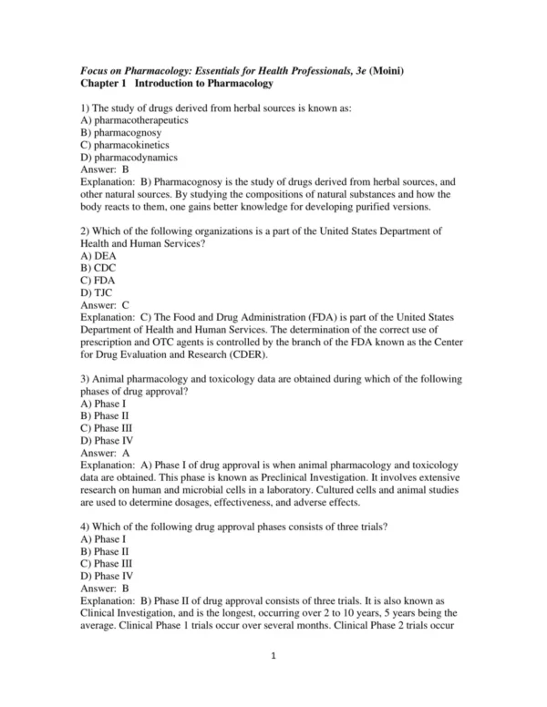 Test Bank For Focus On Pharmacology Essentials For Health Professionals 3rd Edition Jahangir Moini