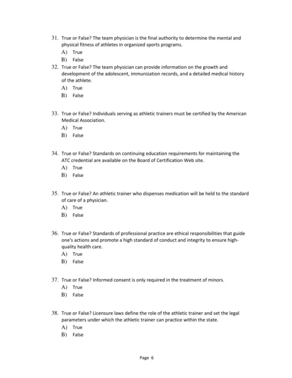 Test Bank For Foundations Of Athletic Training Prevention Assessment And Management Sixth Edition Marcia K. Anderson
