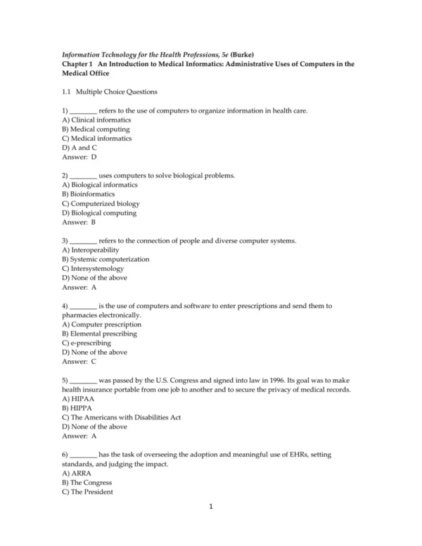 Test Bank For Information Technology For The Health Professions 5th Edition Lillian Burke