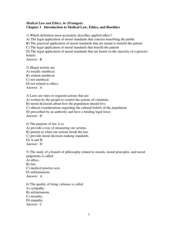 Test Bank For Medical Law And Ethics 6th Edition Bonnie F. Fremgen