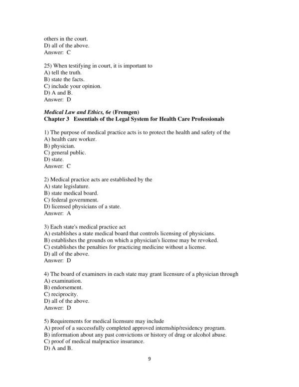 Test Bank For Medical Law And Ethics 6th Edition Bonnie F. Fremgen