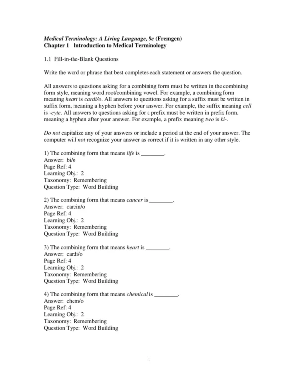 Test Bank For Medical Terminology A Living Language 8th Edition Bonnie F. Fremgen