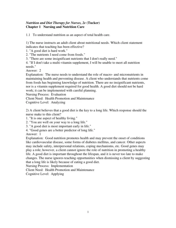 Test Bank For Nutrition And Diet Therapy For Nurses 2nd Edition Sheila Tucker