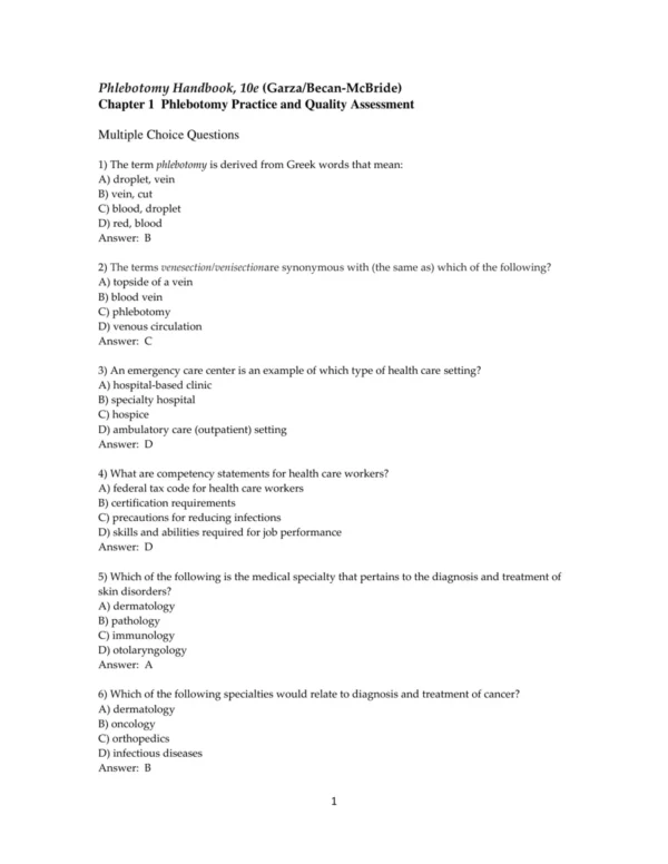 Test Bank For Phlebotomy Handbook Blood Specimen Collection From Basic To Advanced 10th Edition Diana Garza