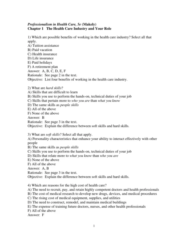 Test Bank For Professionalism In Health Care A Primer For Career Success 5th Edition Sherry Makely